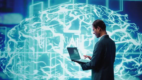 Computer scientist solving tasks on laptop, running AI programming Stock Footage 278699903