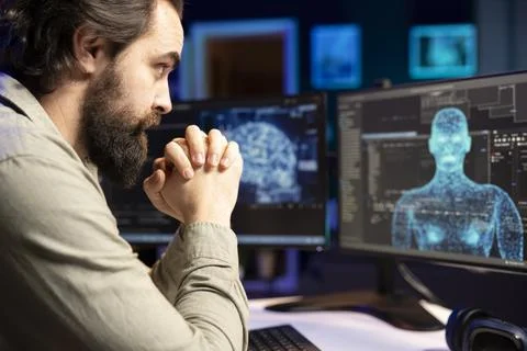 Computer scientist surprised by AI materializing on screen unprompted 스톡 사진