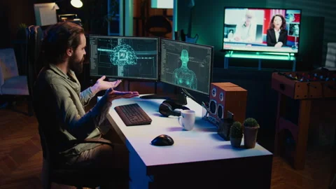 Computer scientist surprised by artificial intelligence greeting him unprompted Stock Footage 266950063