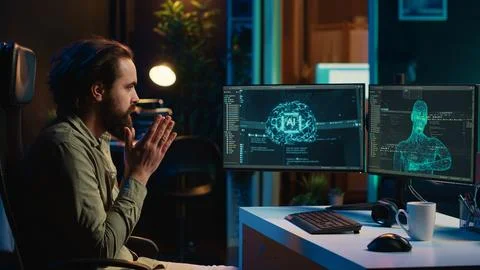 Computer scientist surprised by artificial intelligence greeting him unprompted 스톡 사진