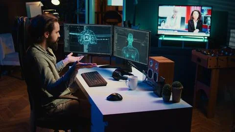 Computer scientist surprised by artificial intelligence greeting him unprompted 스톡 사진