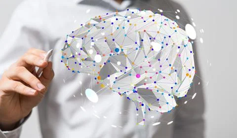 A computer scientist tapping on a 3D rendering of a brain hologram, enabling  Fotos de archivo
