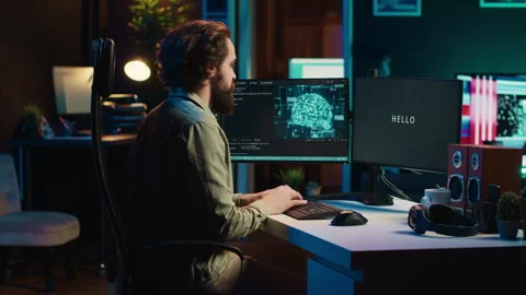 Computer scientist updating AI, making it become sentient Stock Footage 266952670