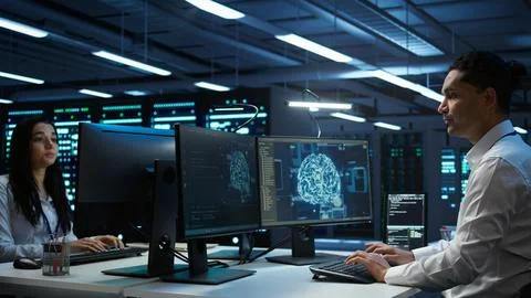 Computer scientist using AI tech on PC to do checkup in server room Foto stock