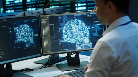 Computer scientist using AI tech on PC to do checkup in server room 스톡 사진