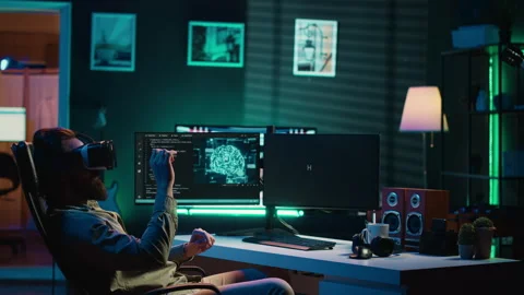 Computer scientist using VR technology to make AI become sentient, celebrating Stock Footage 266954413