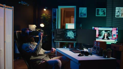 Computer scientist using VR technology to make AI become sentient, celebrating Stock Footage 267047421