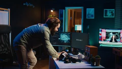 Computer scientist using VR technology to make AI become sentient, celebrating Stock Photos