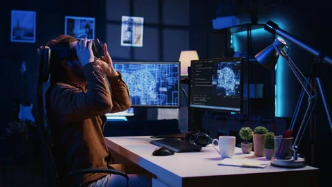 Computer scientist wearing VR glasses panicking after AI gains omniscience Stock Footage 265622729