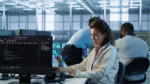 Computer scientist working in high tech server hub Foto stock