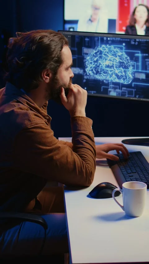 Computer scientist writes code on PC to visualize AI neural networks Stock Footage 264508602