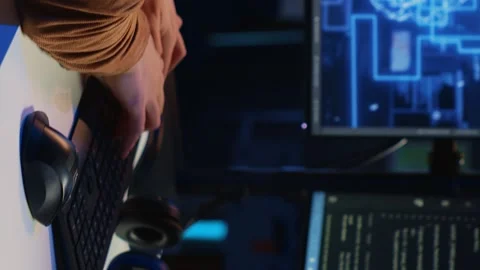 Computer scientist writes code on PC to visualize AI neural networks Stock Footage 265107886