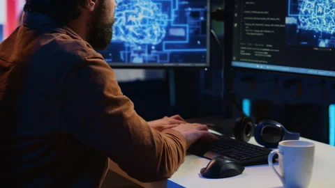 Computer scientist writes code on PC to visualize AI neural networks Stock Footage 265510117