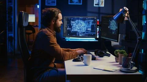 Computer scientist writes code on PC to visualize AI neural networks Stockfoto's