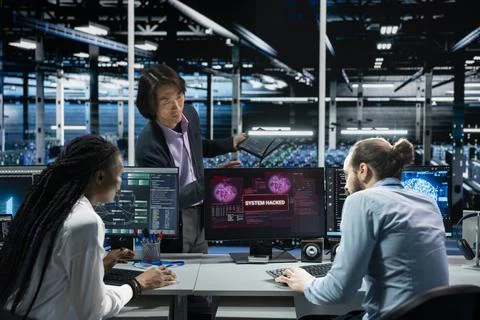 Computer scientists in AI server room cooperating to fix hacking incident Stock Photos