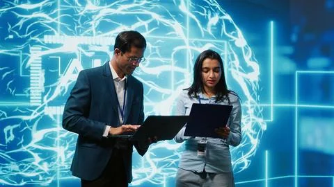 Computer scientists collaborating on developing AI system in high tech workspace Stock Photos