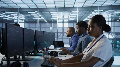Computer scientists in data center implementing AI systems Stock Photos