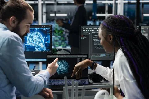 Computer scientists in data center installing server systems helped by AI 스톡 사진