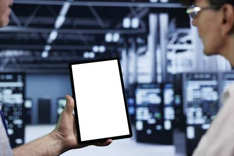 Computer scientists use mock up tablet Stock Photos