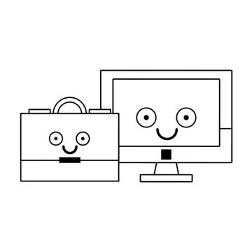 Computer screen and briefcase in black and white Stock-Illustration