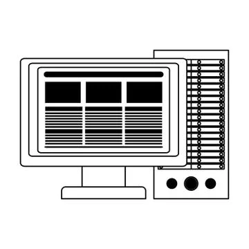 Computer with screen and cpu in black and white Illustrazione stock