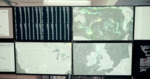 Computer, screen and data with map, satellite and broadcast for news research. Video stock 317244934