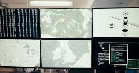 Computer, screen and data with map, control room and broadcast for news research 스톡 사진