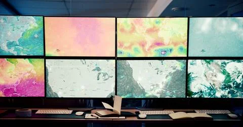 Computer, screen and data with map, control room and broadcast for news research Stock Photos