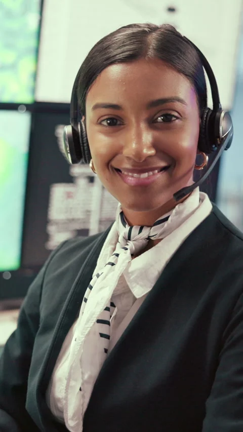 Computer, screen and face of woman in control room for weather broadcast or Stock Footage 335311489