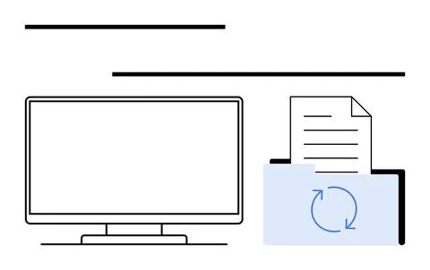 Computer Screen and Folder with Document Highlighting Data Backup Process Stock Illustration