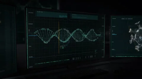 Computer screen and keyboard. DNA sequence analysis software tool. DNA molecules Stock Footage 269018479