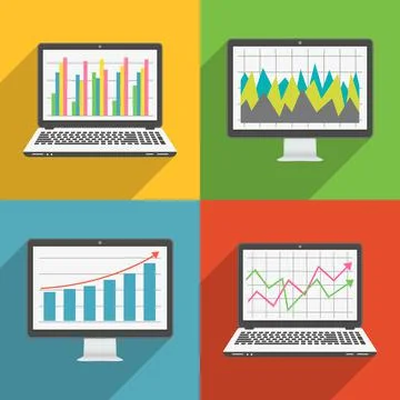 Computer screen and laptop flat design icons with financial charts and graphs Illustrazione stock