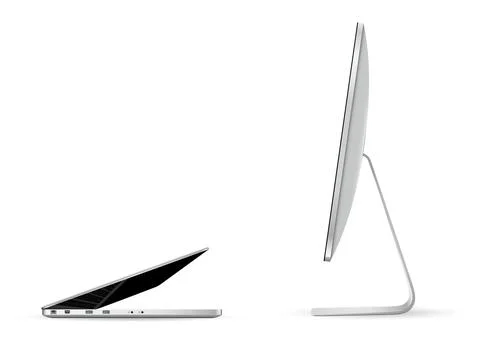 Computer screen and laptop opposite each other isolated on white background.  Illustrazione stock
