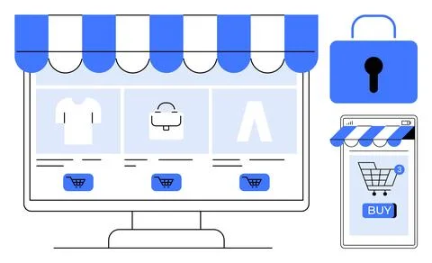 Computer screen and mobile phone with shopping interface, featuring clothing  Stock Illustration