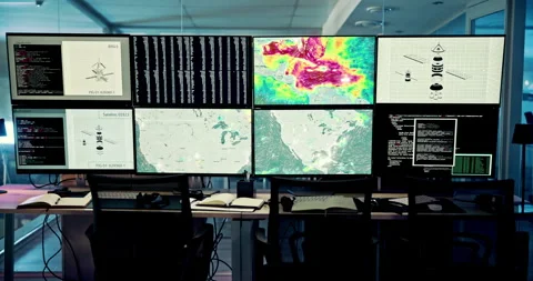 Computer, screen and satellite data in control room for weather pattern, climate Stock Footage 317238980
