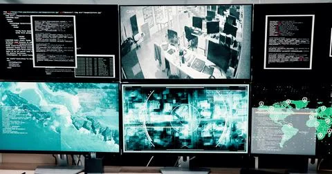 Computer, screen and satellite for global safety of crime surveillance, coding Foto stock