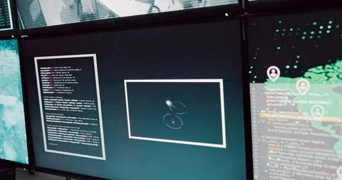 Computer, screen and satellite for security safety of global surveillance Stock-Fotos