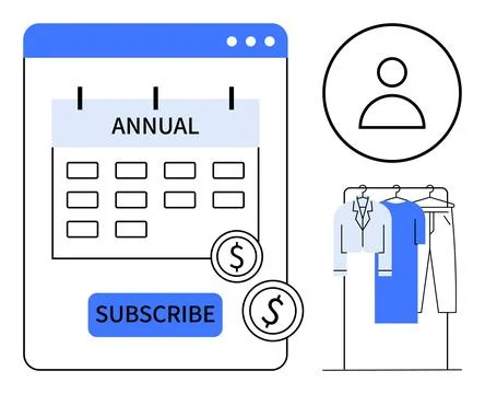 Computer screen with annual subscription calendar, subscribe button, dollar i Stock Illustration