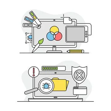 Computer screen with application tools and installing options set. Diagnostics Illustrazione stock