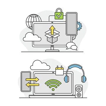 Computer screen with application tools and installing options set. Maintenance Stock Illustration