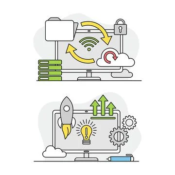 Computer screen with application tools and installing options set lined vector Stock Illustration