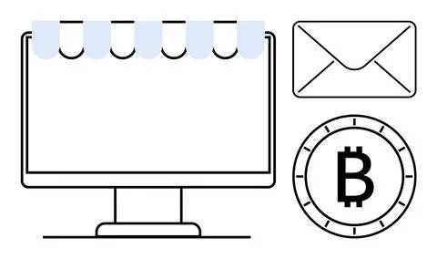 Computer screen with awning, envelope, and cryptocurrency symbol - elements.. 스톡 일러스트
