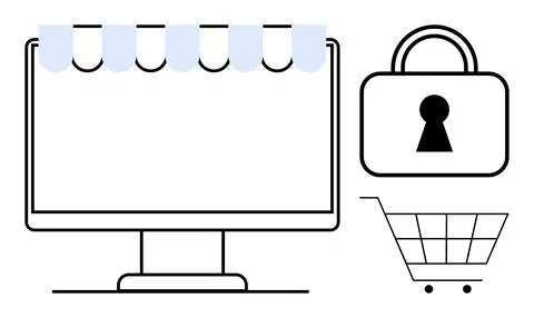 Computer screen with awning, padlock, and shopping cart illustrating online s Stock Illustration