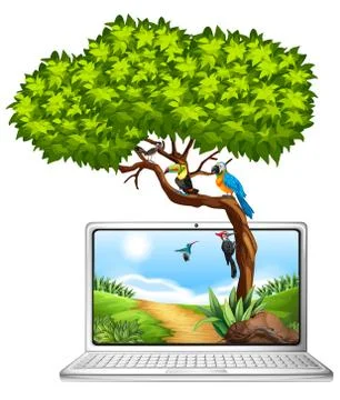 Computer screen with birds on tree Illustrazione stock
