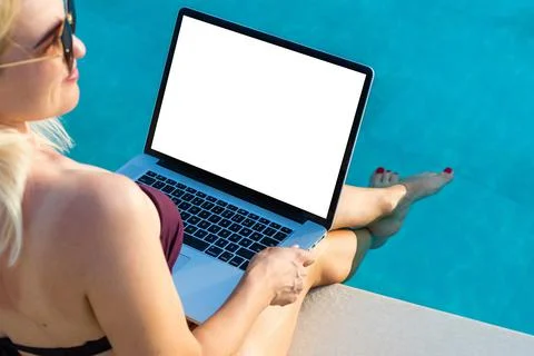 Computer screen blank mockup. hand work using laptop with white background for Stock Photos