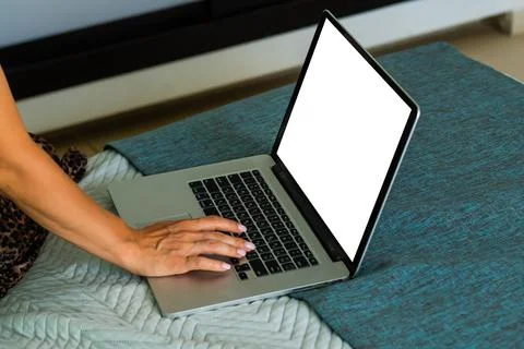 Computer screen blank mockup. hand work using laptop with white background for Stock Photos