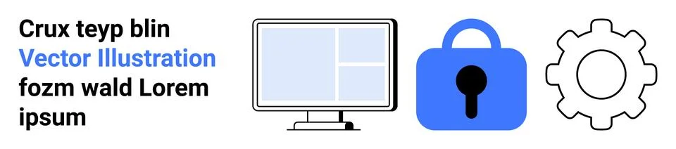 Computer screen, blue padlock, and gear icon. Ideal for tech, software develo Stock Illustration