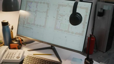 Computer Screen with Blueprints in Construction Office Stock Footage 329618226