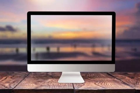 Computer screen with blurred sea background. 写真素材