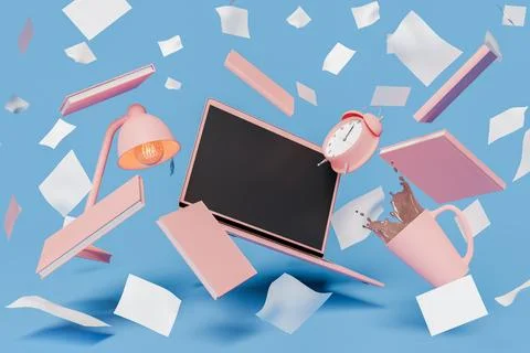 Computer Screen with books and and sheets of paper floating Illustrazione stock